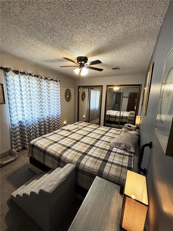1205 W 14th Street Ct, Chanute, KS 66720 - carpeted bedroom featuring multiple windows, a textured ceiling, a ceiling fan, and two closets