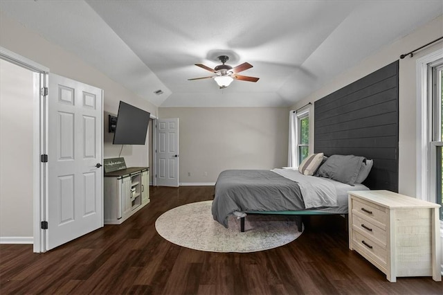9327 Tomashaw Ln, Lenexa, KS 66219 - bedroom featuring dark wood-style floors, ceiling fan, and lofted ceiling