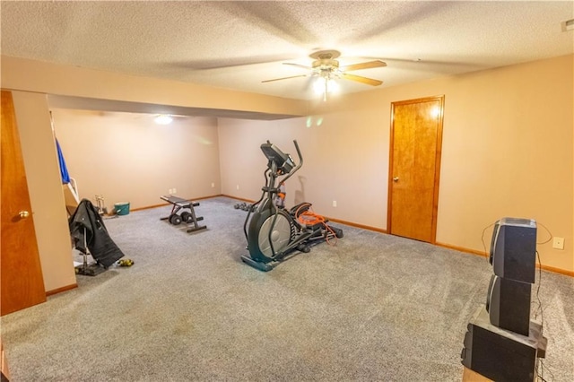 2802 N 39th Ter, Saint Joseph, MO 64506 - workout area with carpet, a textured ceiling, baseboards, and ceiling fan