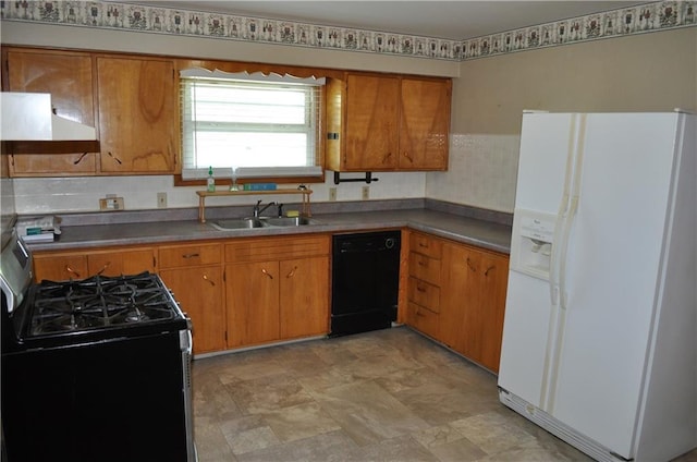 913 N Maple St, Stanberry, MO 64489 - kitchen featuring white refrigerator with ice dispenser, black dishwasher, a sink, stainless steel range with gas cooktop, and ventilation hood