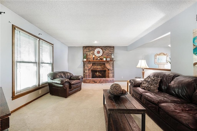 63 Maple Dr, Platte City, MO 64079 - living area featuring carpet, a textured ceiling, and a brick fireplace