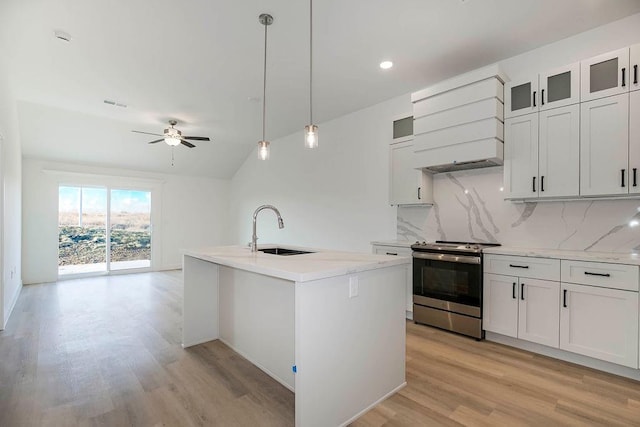 3818 NW 93rd St, Kansas City, MO 64154 - kitchen featuring stainless steel electric range, a sink, custom range hood, tasteful backsplash, and ceiling fan