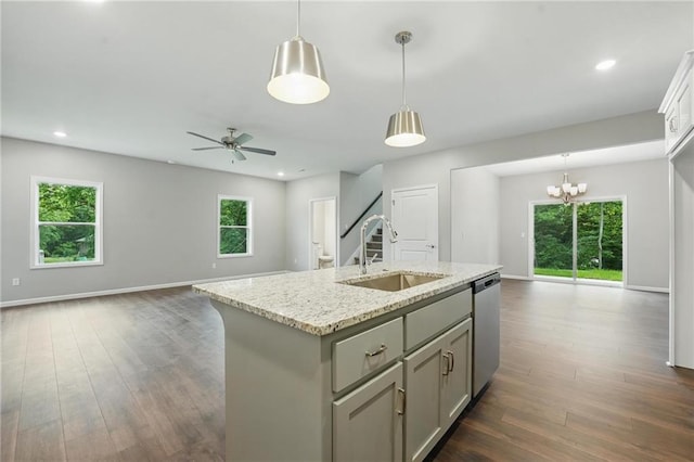 809 Highland Dr, Edwardsville, KS 66111 - kitchen with a sink, dishwasher, gray cabinets, open floor plan, and recessed lighting