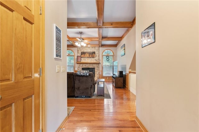 12484 S Hallet St, Olathe, KS 66062 - hall featuring light wood-type flooring, coffered ceiling, beamed ceiling, and baseboards