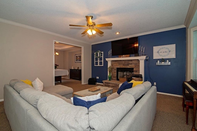 4737 Lone Elm St, Shawnee, KS 66226 - living room with carpet floors, baseboards, a stone fireplace, a ceiling fan, and ornamental molding