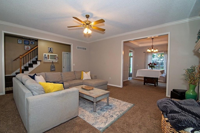 4737 Lone Elm St, Shawnee, KS 66226 - living area with carpet floors, ornamental molding, stairs, a chandelier, and a textured ceiling