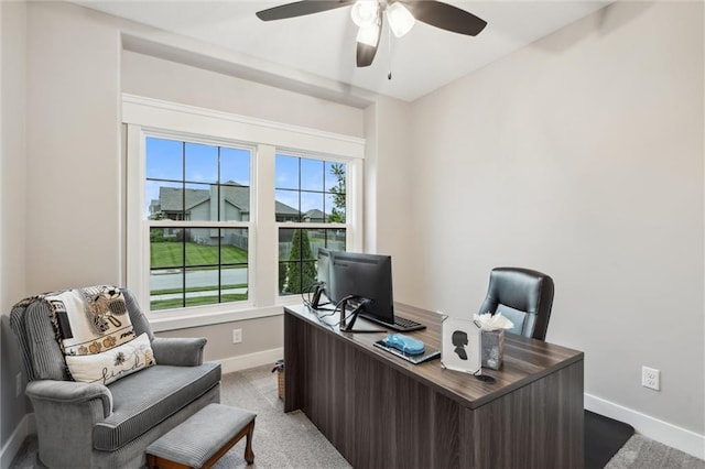 3112 Legacy Wood Dr, Lees Summit, MO 64086 - office area with baseboards, a ceiling fan, and light colored carpet