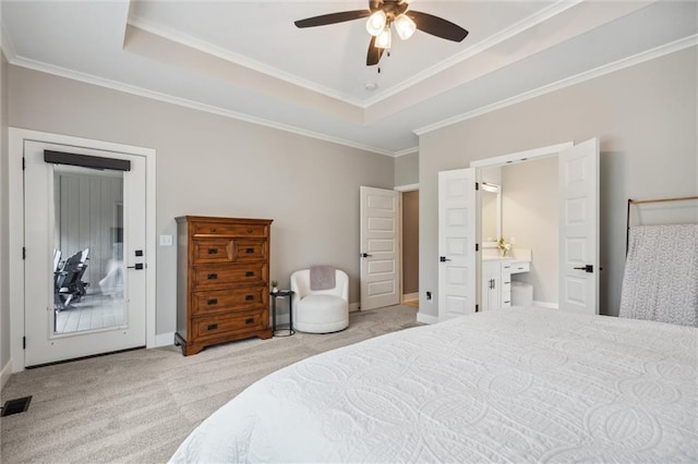 3112 Legacy Wood Dr, Lees Summit, MO 64086 - bedroom featuring carpet flooring, ornamental molding, a tray ceiling, ceiling fan, and ensuite bath