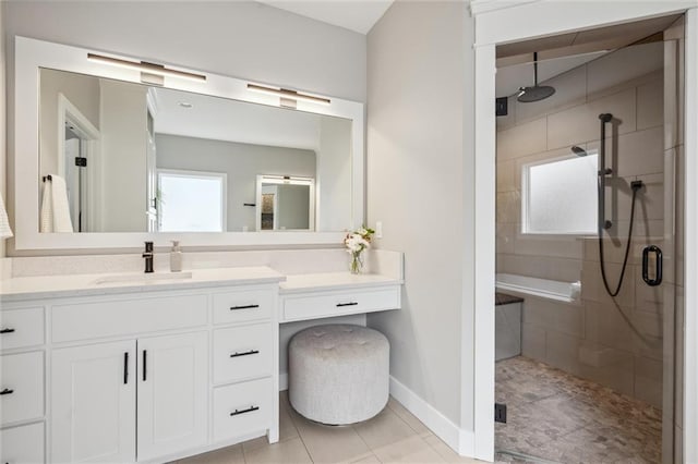 3112 Legacy Wood Dr, Lees Summit, MO 64086 - full bath featuring a stall shower, vanity, tile patterned flooring, and baseboards
