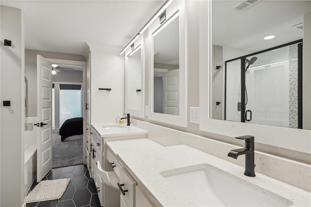 3112 Legacy Wood Dr, Lees Summit, MO 64086 - ensuite bathroom featuring double vanity, a shower stall, tile patterned flooring, ceiling fan, and recessed lighting