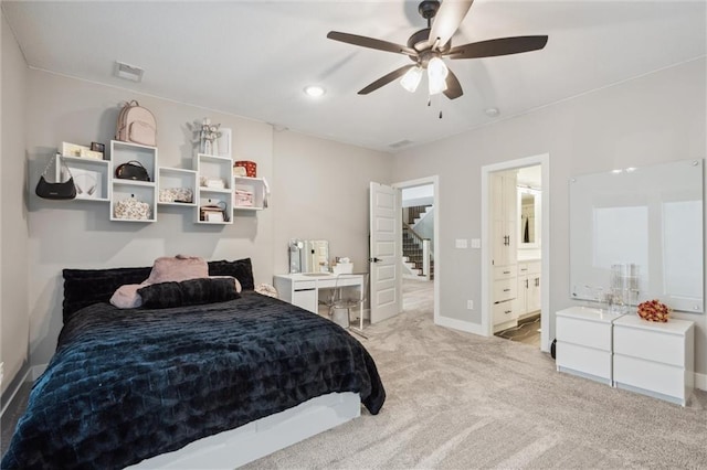 3112 Legacy Wood Dr, Lees Summit, MO 64086 - carpeted bedroom featuring baseboards, ensuite bath, a ceiling fan, and recessed lighting