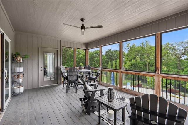 3112 Legacy Wood Dr, Lees Summit, MO 64086 - sunroom featuring a ceiling fan and outdoor dining space