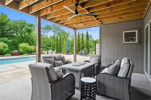 3112 Legacy Wood Dr, Lees Summit, MO 64086 - view of patio featuring an outdoor pool, view of wooded area, ceiling fan, and an outdoor hangout area