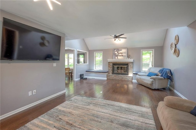 21614 W 72nd St, Shawnee, KS 66218 - living room with vaulted ceiling, a ceiling fan, plenty of natural light, and wood finished floors