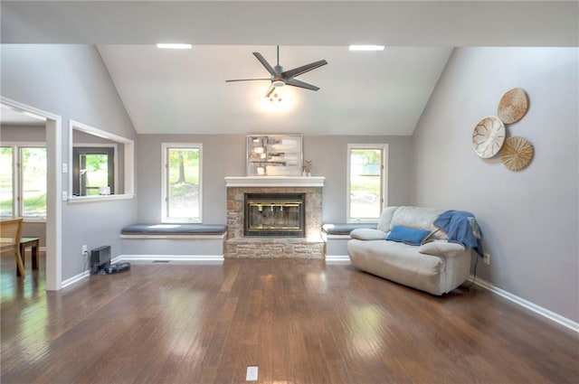 21614 W 72nd St, Shawnee, KS 66218 - living room featuring vaulted ceiling, hardwood / wood-style floors, ceiling fan, baseboards, and healthy amount of natural light