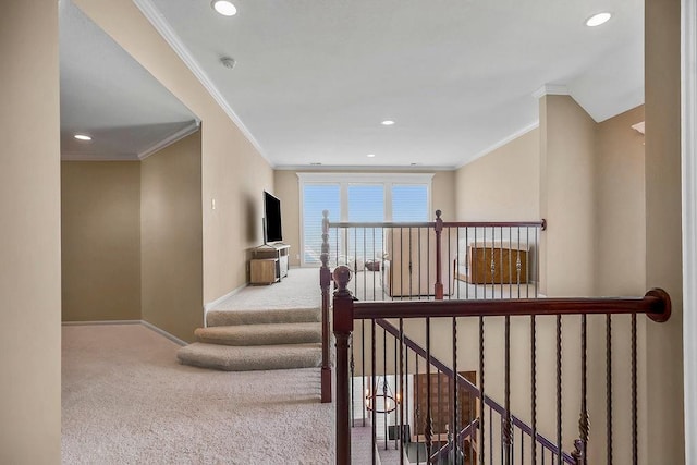 9705 Sunset Cir, Lenexa, KS 66220 - hallway featuring carpet floors, crown molding, recessed lighting, and baseboards