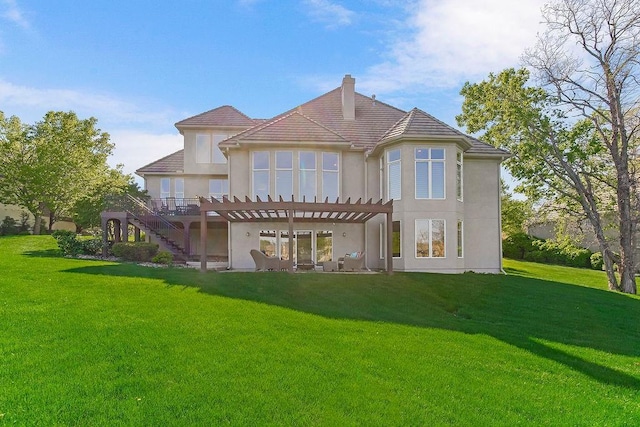 9705 Sunset Cir, Lenexa, KS 66220 - back of property featuring stucco siding, a pergola, a yard, a chimney, and stairs