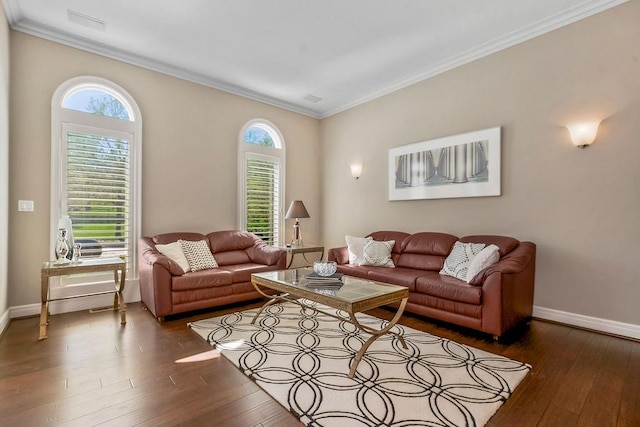 9705 Sunset Cir, Lenexa, KS 66220 - living room featuring dark wood-type flooring, ornamental molding, and baseboards