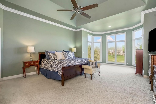 9705 Sunset Cir, Lenexa, KS 66220 - carpeted bedroom featuring baseboards, crown molding, and a ceiling fan