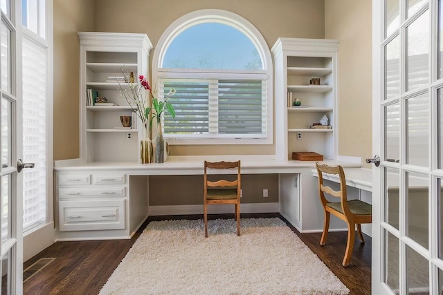9705 Sunset Cir, Lenexa, KS 66220 - home office featuring built in desk, healthy amount of natural light, and dark wood-style flooring