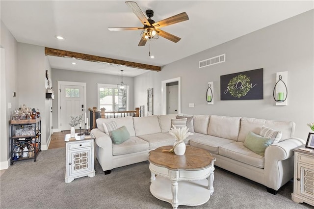481 Olive Ct, Warrensburg, MO 64093 - living area featuring a ceiling fan, beam ceiling, recessed lighting, carpet, and baseboards