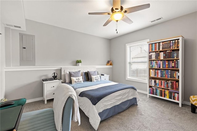 481 Olive Ct, Warrensburg, MO 64093 - carpeted bedroom with electric panel, baseboards, and ceiling fan