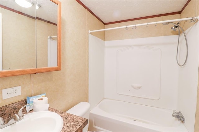 614 SW T Hwy, Holden, MO 64040 - full bath with shower / bathtub combination, vanity, a textured ceiling, and crown molding
