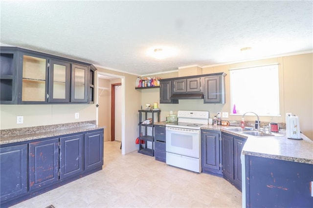 614 SW T Hwy, Holden, MO 64040 - kitchen featuring electric stove, under cabinet range hood, a textured ceiling, light countertops, and glass insert cabinets