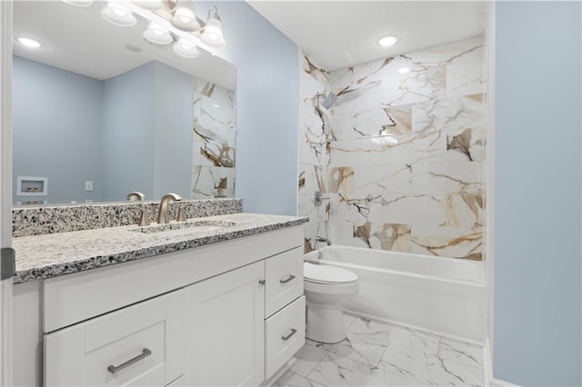 1709 Marty Ave, Kansas City, KS 66103 - full bath with toilet, vanity, shower / washtub combination, marble look tiles, and recessed lighting
