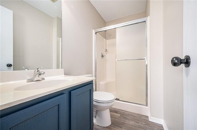 214 NW Parker Dr, Grain Valley, MO 64029 - bathroom with toilet, a stall shower, wood finished floors, and vanity