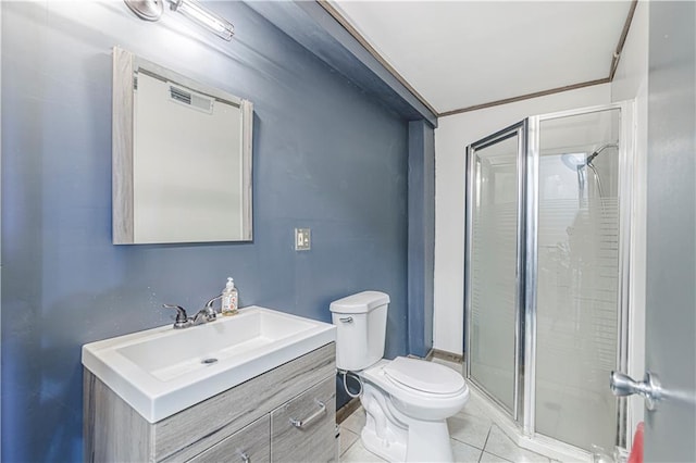 516 S St, Grain Valley, MO 64029 - bathroom with a shower stall, vanity, and tile patterned floors