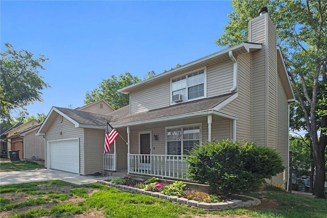 446 Hithergreen Dr, Lansing, KS 66043 - traditional home with a porch, a chimney, a garage, cooling unit, and concrete driveway