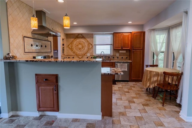 1504 SW 9th St, Lees Summit, MO 64081 - kitchen with stainless steel dishwasher, wall chimney range hood, stone counters, brown cabinets, and tasteful backsplash