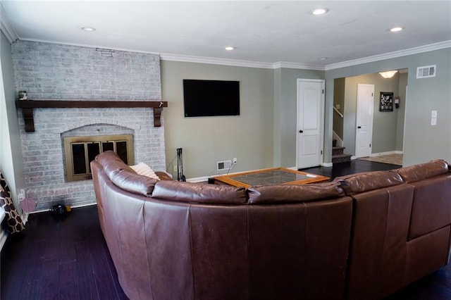 1504 SW 9th St, Lees Summit, MO 64081 - living room with stairway, a fireplace, dark wood finished floors, crown molding, and recessed lighting