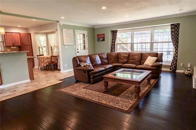 1504 SW 9th St, Lees Summit, MO 64081 - living area featuring hardwood / wood-style flooring, crown molding, and recessed lighting