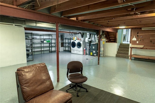 1504 SW 9th St, Lees Summit, MO 64081 - basement with water heater, heating unit, separate washer and dryer, and stairway