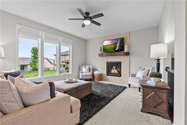 19714 W 197th Ct, Spring Hill, KS 66083 - living room featuring a fireplace, carpet floors, and ceiling fan