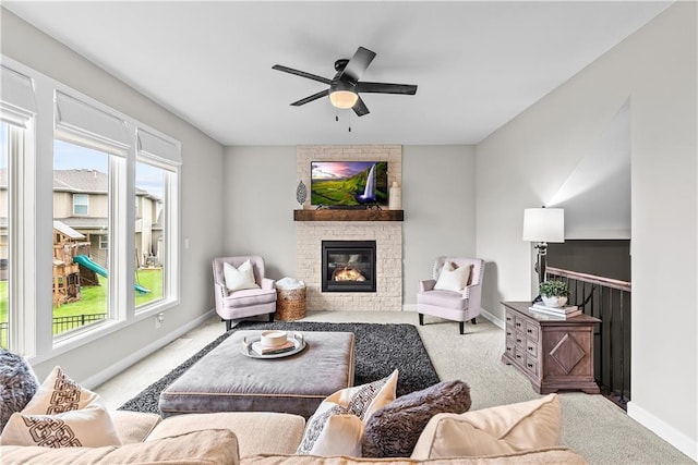 19714 W 197th Ct, Spring Hill, KS 66083 - living area with carpet floors, a fireplace, plenty of natural light, and ceiling fan