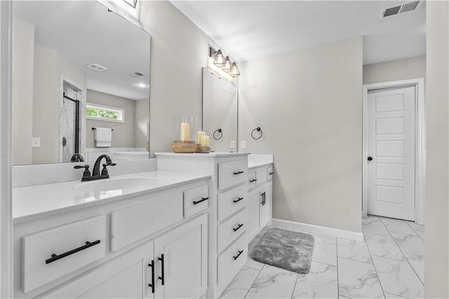 19714 W 197th Ct, Spring Hill, KS 66083 - full bathroom featuring double vanity, marble look tile flooring, baseboards, and a shower with door