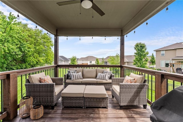 19714 W 197th Ct, Spring Hill, KS 66083 - wooden terrace featuring an outdoor hangout area, a ceiling fan, and a residential view
