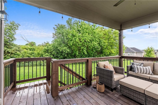 19714 W 197th Ct, Spring Hill, KS 66083 - wooden terrace with outdoor lounge area, a lawn, and a ceiling fan