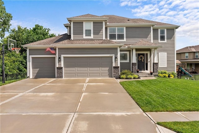 19714 W 197th Ct, Spring Hill, KS 66083 - view of front of property featuring driveway, stone siding, roof with shingles, and an attached garage