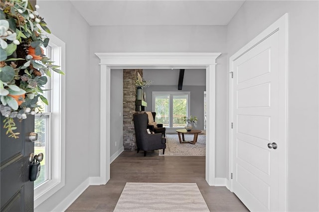 19433 W 114th Ter, Olathe, KS 66061 - foyer entrance featuring a wood stove, dark wood-type flooring, and baseboards