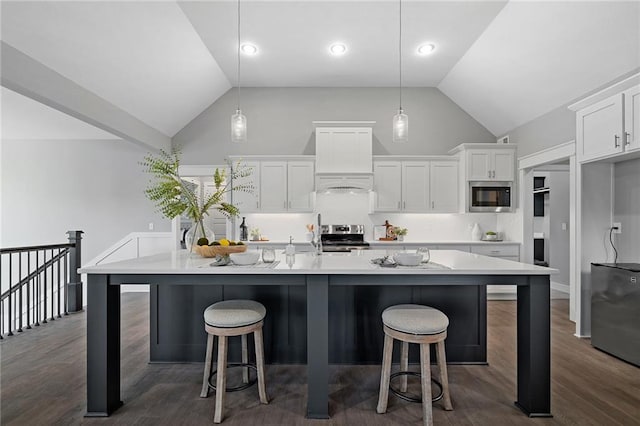 19433 W 114th Ter, Olathe, KS 66061 - kitchen with stainless steel appliances, custom range hood, high vaulted ceiling, white cabinetry, and a breakfast bar area