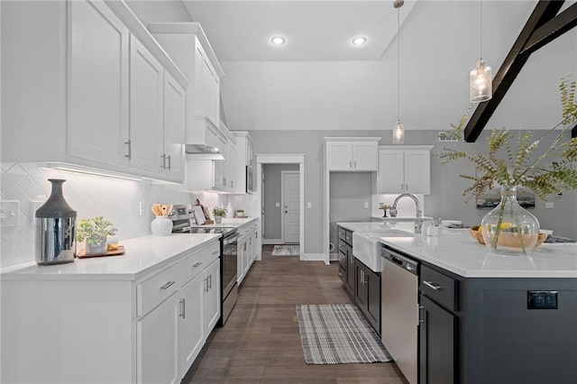 19433 W 114th Ter, Olathe, KS 66061 - kitchen with stainless steel appliances, a sink, white cabinetry, light countertops, and recessed lighting