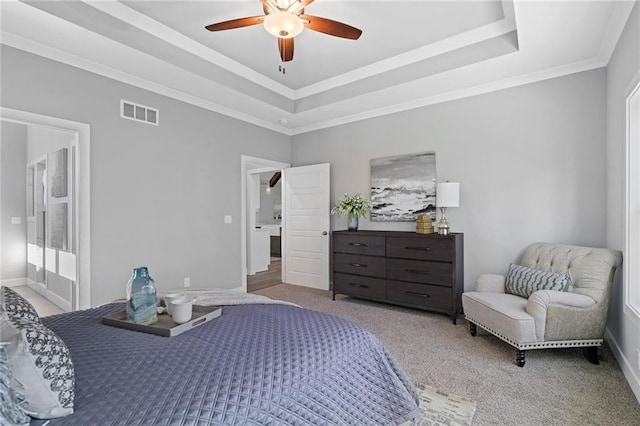 19433 W 114th Ter, Olathe, KS 66061 - bedroom featuring a tray ceiling, carpet floors, a ceiling fan, and ornamental molding