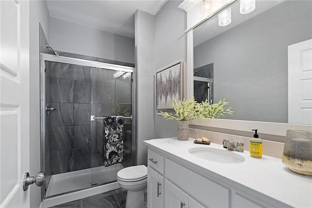 19433 W 114th Ter, Olathe, KS 66061 - bathroom featuring marble look tiles, vanity, a stall shower, and toilet