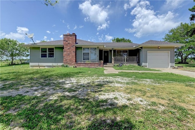 739 SW 700th Rd, Holden, MO 64040 - ranch-style home with covered porch, an attached garage, a chimney, a front yard, and driveway