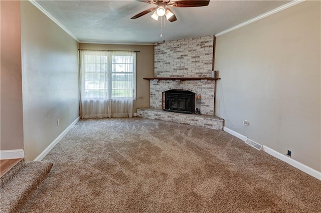 739 SW 700th Rd, Holden, MO 64040 - unfurnished living room featuring a ceiling fan, carpet, baseboards, crown molding, and a textured ceiling