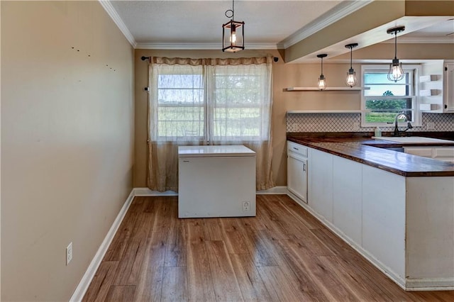739 SW 700th Rd, Holden, MO 64040 - kitchen featuring white cabinetry, crown molding, wood finished floors, healthy amount of natural light, and decorative backsplash